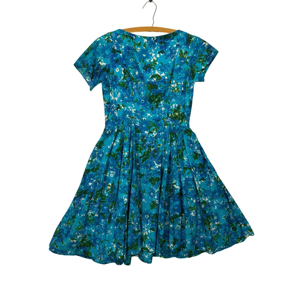 VTG Lanz Original Bonwit Teller Blue Floral Barkcloth Fit Flare Dress 1950s S